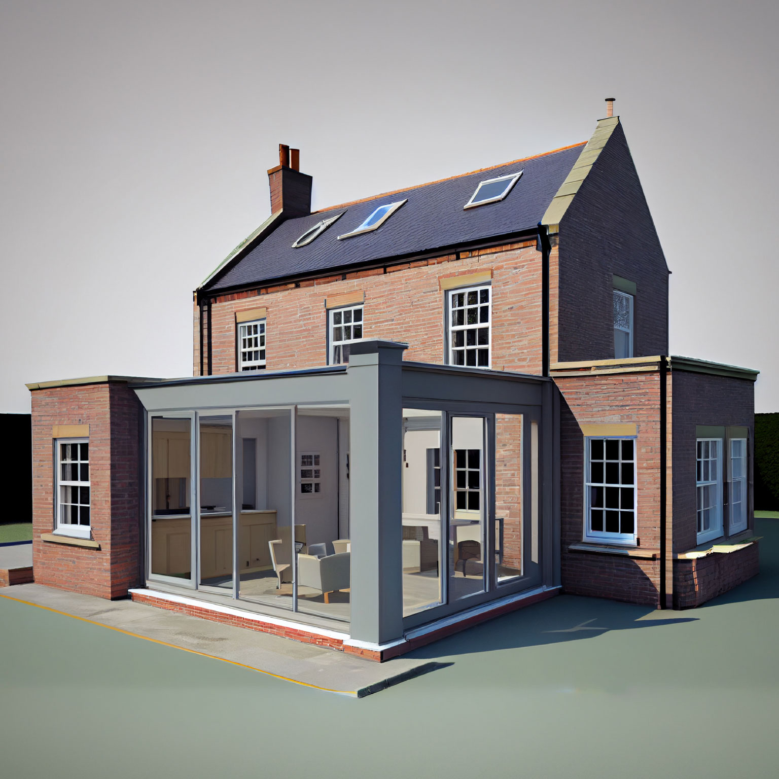Rendered 3D image of a house with a modern extension