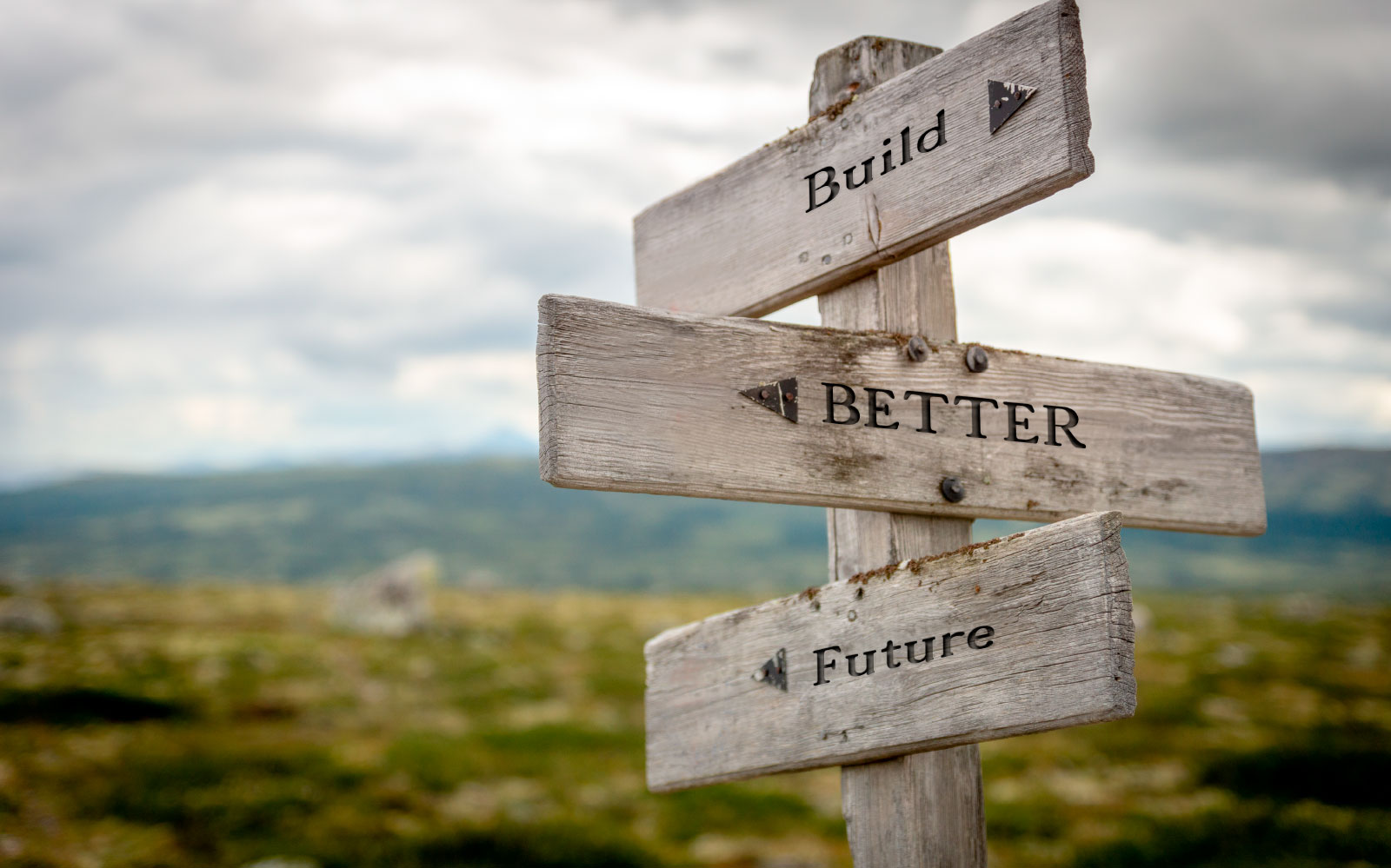 Three way signpost pointing to, build, better and future
